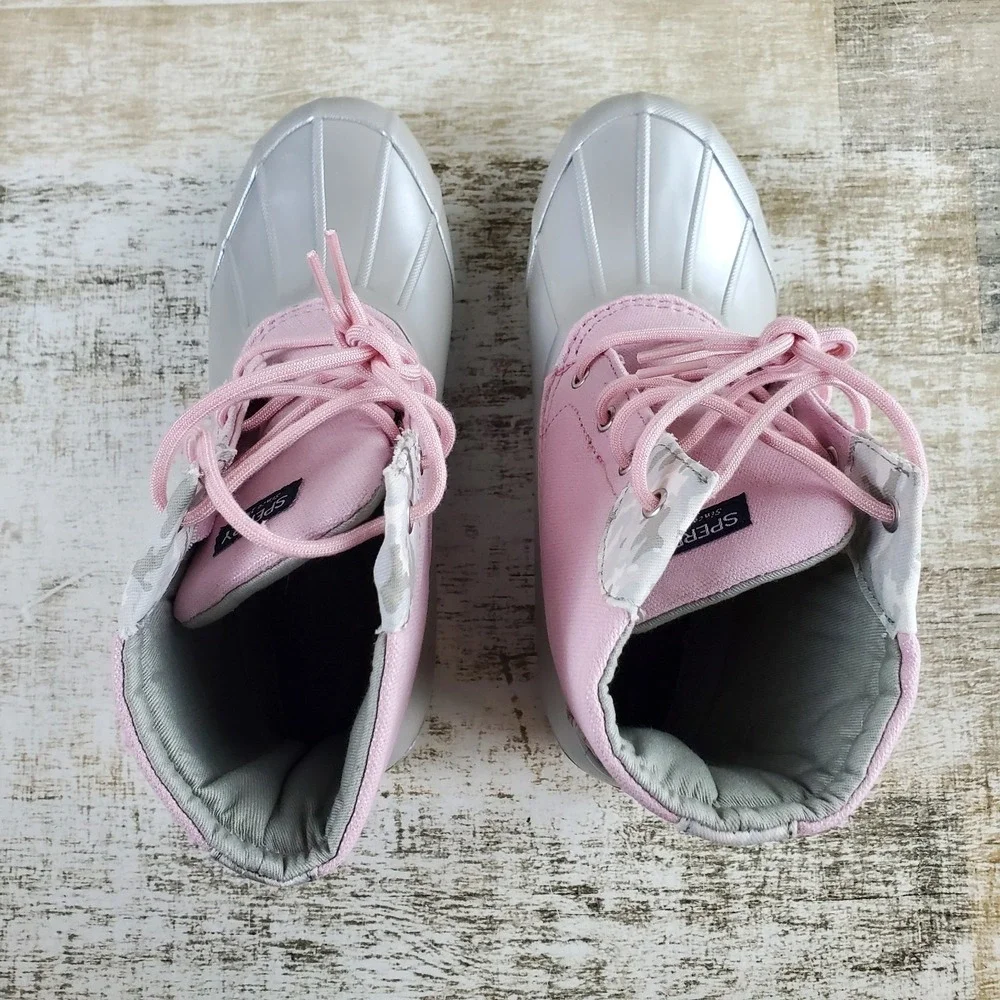 Sperry Port Kids Boots Sz 6 M Pink Canvas Silver Rubber Mid-Top Lace-Up Comfort